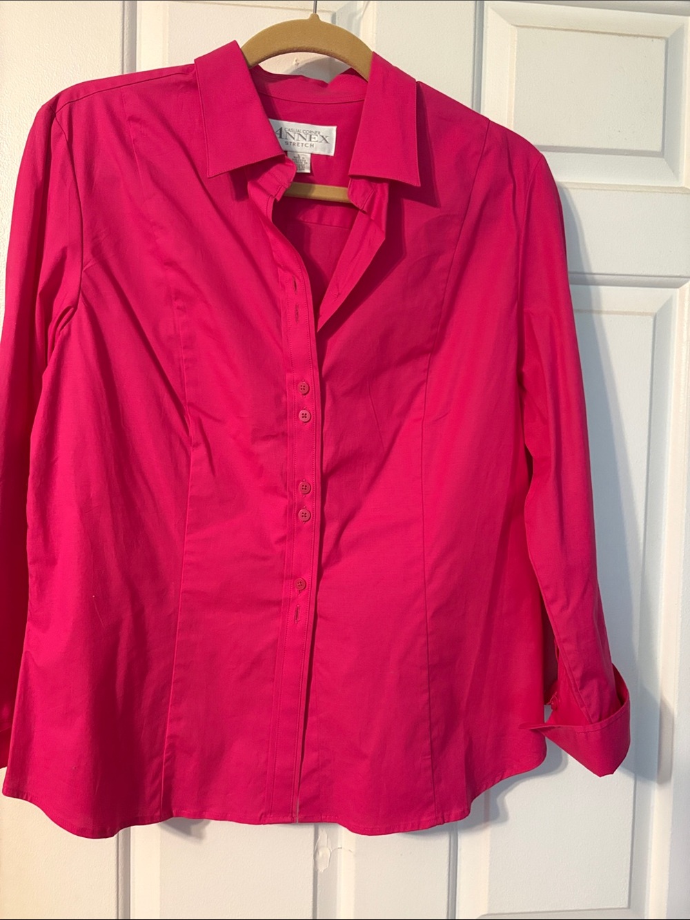 Casual Corner Annex Hot Pink Stretch Button Down 3/4 Sleeve Blouse L NWOT